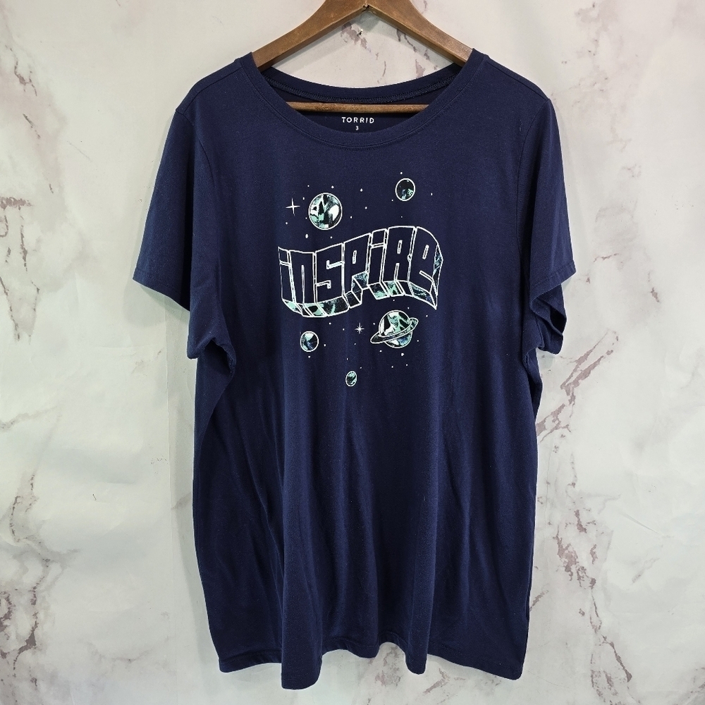 Torrid T Shirt Women 3 3X Top Blue Round Tee Top Sleeve Inspire Space Planets
